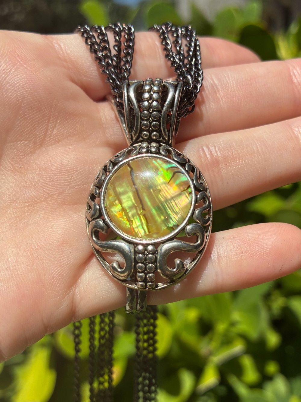 Vintage Iridescent Abalone Shell Pendant Necklace with Multi-Strand Chain